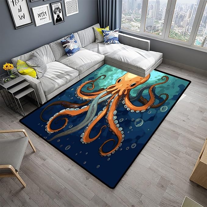 Wall-to-Wall Carpeting, Submarine Octopus Pattern Printing Moisture Barrier Area Rugs Fade Resistant, Flame Resistant, Quick Dry, Waterproof Floor Carpet for Living Room Bedroom, 18 x 30 Inch - Image 2