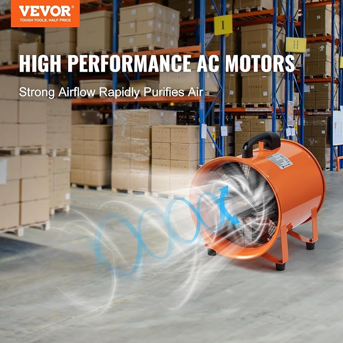 VEVOR Air Mover Blower Fan 12 Inch, 3198CFM 585W with 16.4ft Flexible Duct, Industrial Portable Ventilator Blower/Exhaust, Orange - Image 2