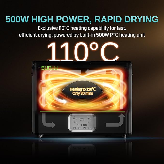 E2 Filament Dryer Box, 110℃ Max Temperature, 500W PTC Heater, 3-in-1 Dry + Anneal + Dehumidify for Engineering Filaments, Dual-Layer Sealed Chamber, Supports PLA, ABS, PC, PA-CF, GF, FR-ABS - Image 2