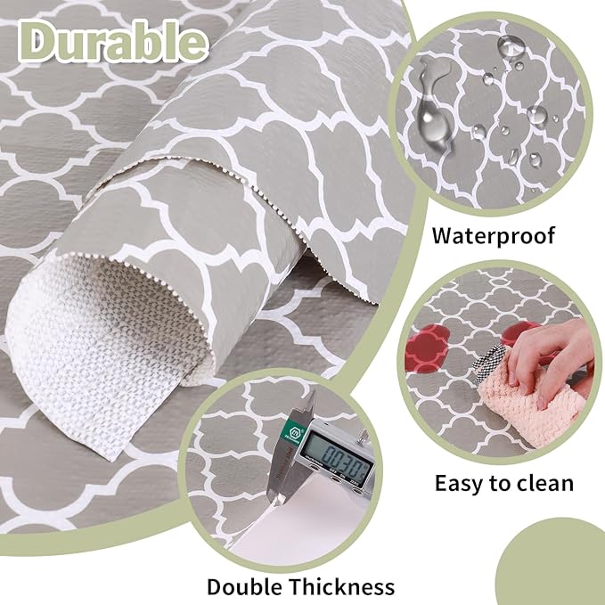 Drawer and Shelf Liner for Kitchen Cabinet: 23.6 in X 30 Ft Non Slip Waterproof Shelf Paper Non Adhesive Refrigerator Liners Gray Quatrefoil Easy Liners for Bathroom Cupboard with Knife Tape Measure - Image 3