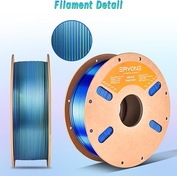 ERYONE Silk Dual Color PLA Filament 3D Printer 1.75mm +/- 0.03mm, Bicolor Filament Two Tone PLA Bundle 2KG Cardboard Spool, Blue Green - Image 5