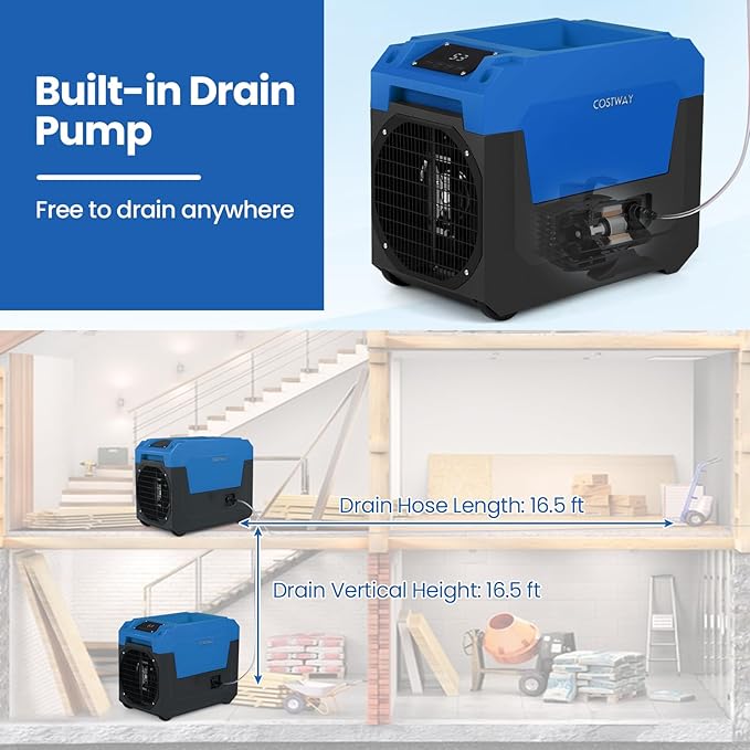 COSTWAY 140 Pints Commercial Dehumidifier with Pump, Portable Industrial Dehumidifier with Drain Hose for Basements, Job Sites, Water Damage Restoration (Blue) - Image 4