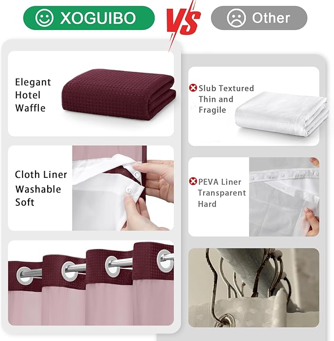 No Hook Shower Curtain and Liner Set,Burgundy Hotel Waffle Shower Curtain with Liner 75" L x 72" W - Image 5