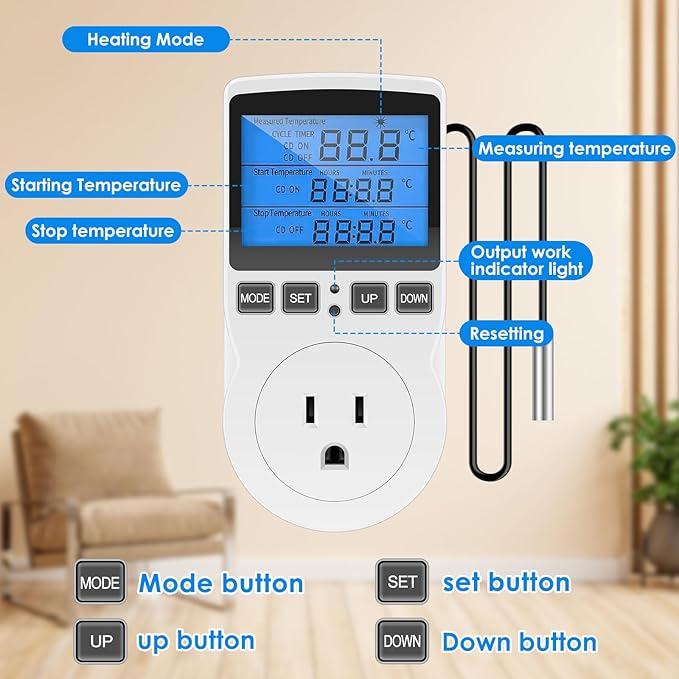 Digital Temperature Controller, 1800W 15A/120V Safe Thermostat Timer Outlet, LCD Display, Heating Cooling Control Timer Outlet Socket, Plug in Temp Controller for Fermenter, Greenhouse - Image 4