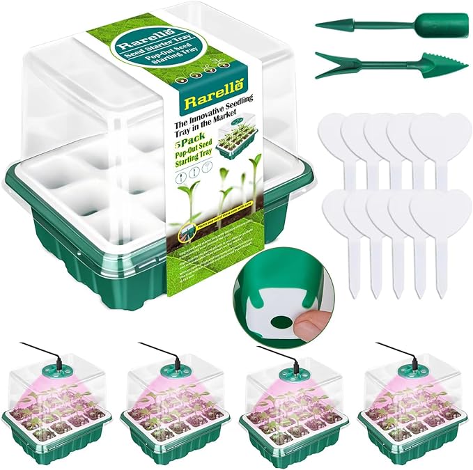 5 Packs Seed Starter Tray with Grow Light, Reusable Pop-Out Seed Starter Kit, 60 Cells With Humidity Domes, Indoor Gardening Plant Germination Trays for Seeds by Rarello