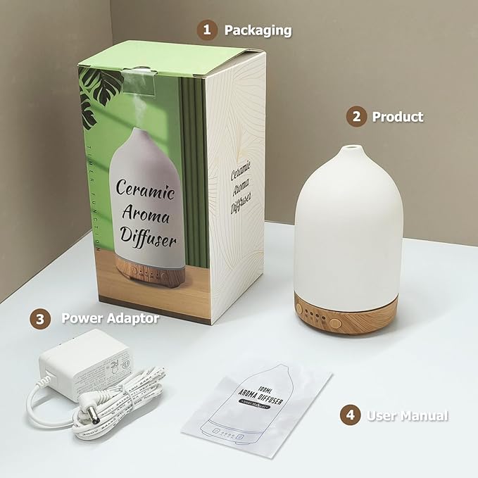 Essential Oil Diffuser Humidifiers, Aromatherapy Diffusers, Ceramic Essential Oil Diffuser, 7 Color LED Lights Auto Shut-Off, 4 Timer Mode for Office and Room 100ML White - Image 7