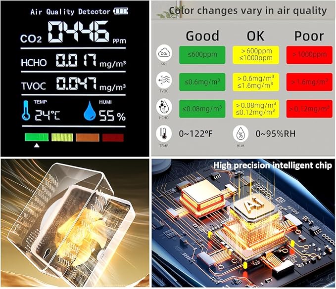 Indoor Air Quality Monitor, Professional Portable Detector & Accurate CO2, TVOC, HCHO, Humidity& Temperature Particle Counter, for Home, Office, Plants and Pets, 5-in-1 Air Detector - Image 5