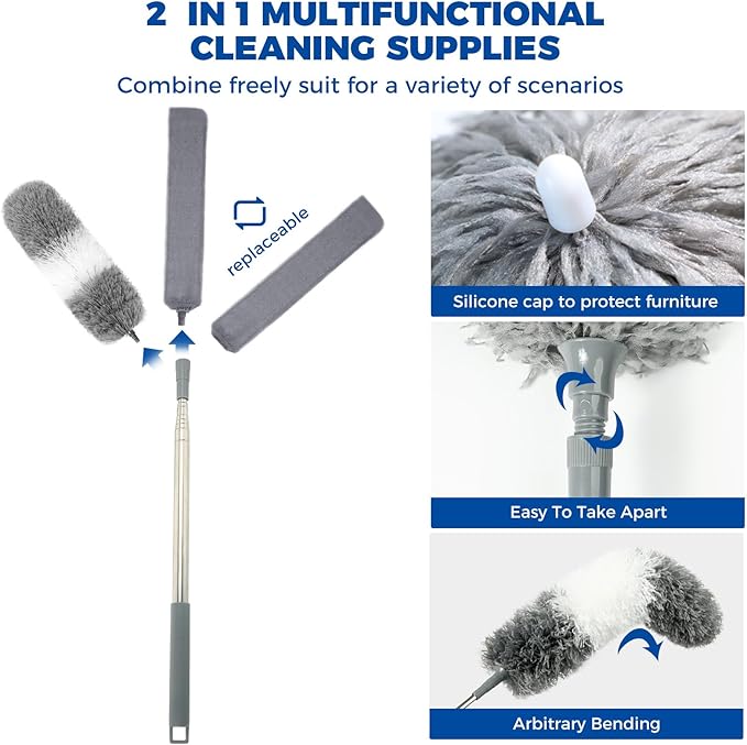 4 Pcs Dusters for Cleaning, 2 in 1 Microfiber Dusters and Retractable Gap Dust Cleaner with 1 Microfiber Dusting Cloths Long Handle 30-100 Inches Extension Pole for Ceiling Fan Cleaning Supplies - Image 3