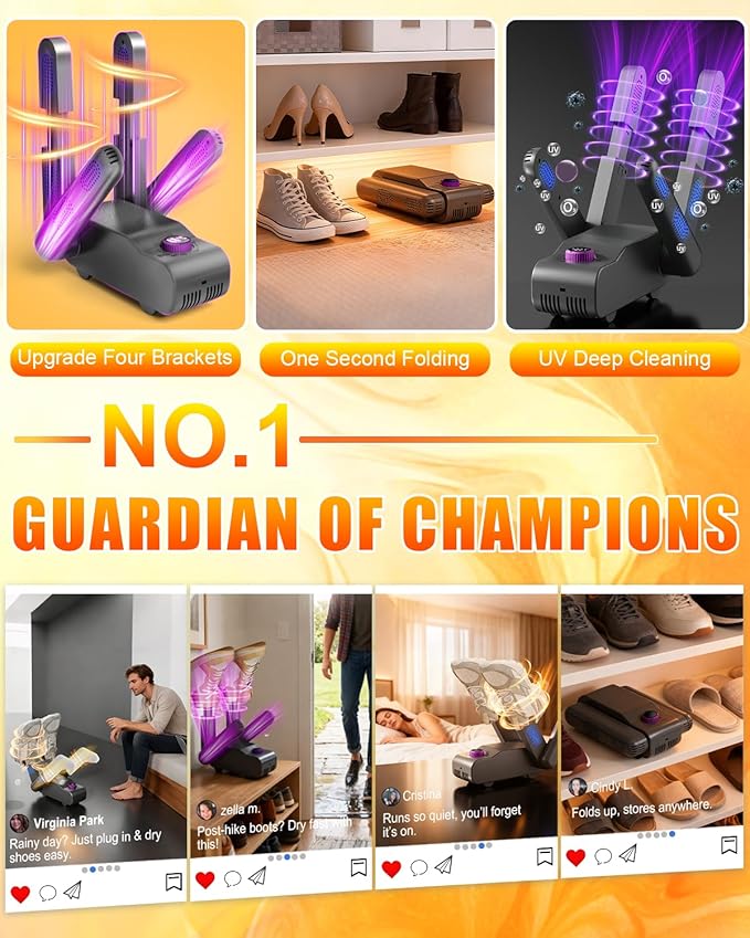 5.0 Upgraded Boot Shoe Dryer【500W German Super Motor】【Dual-Tech 118°F Constant Temp & 360° Circulating Hot Air】4 Adjustable Brackets, U-V Deep Cleaning, Fast Drying for Boot Sneaker Glove Sock (Gray) - Image 3