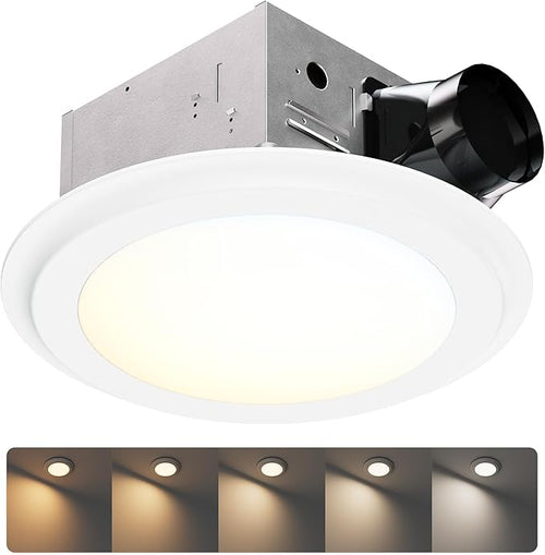 100CFM Round Bathroom Ventilation Fan: Quiet 1.2 Sones Ceiling Mount Exhaust Fan Combo with Integrated LED Light, 5CCT Selectable, Dimmable, Wet Rated, ETL Certified by JULLISON
