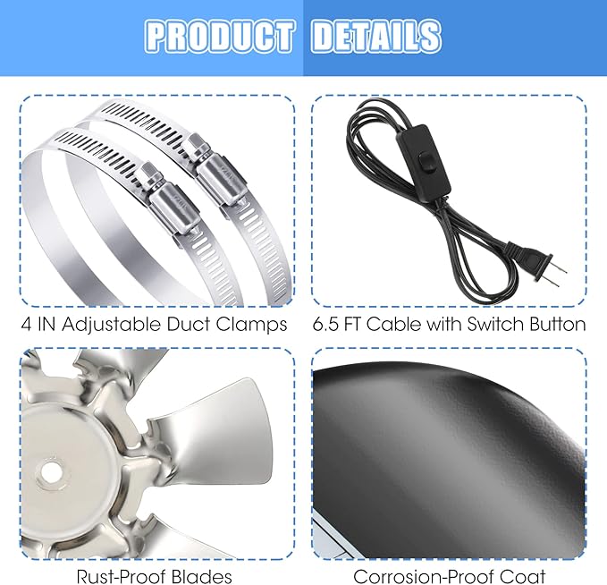 Dreyoo 2 Pack 4 Inch Inline Duct Fans with Duct Clamps, 110 CFM Ventilation Exhaust Fans HVAC Vent Blowers for Grow Tent, Mini Greenhouse, Basement, Hydroponic, Bathroom, Low Noise, Black - Image 5
