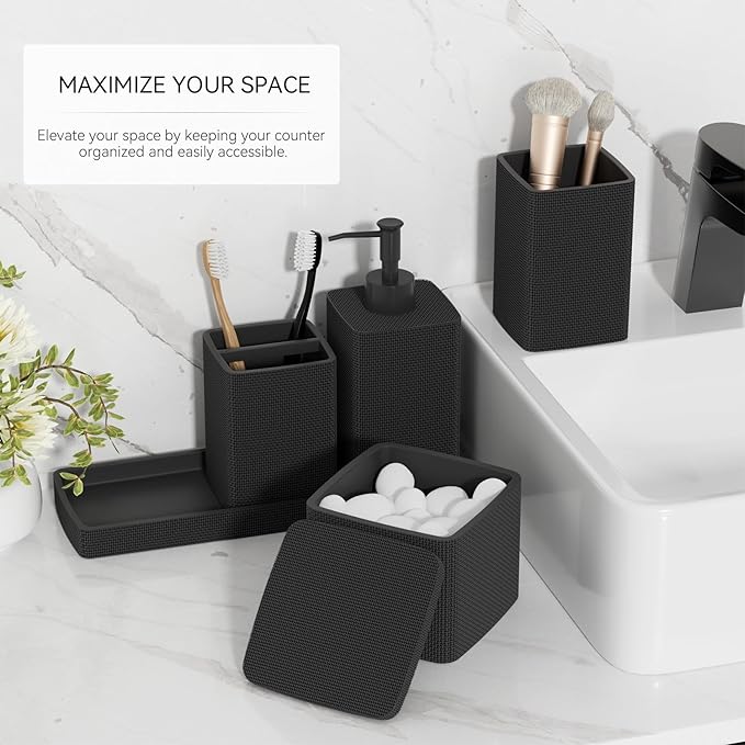 Matte Black Bathroom Accessories Set 5 Pieces, Resin Toothbrush Holders Set Complete with Soap Dispenser, Toothbrush Holder, Vanity Tray, Bathroom Tumbler and Qtip Holder for Small Spaces - Image 2