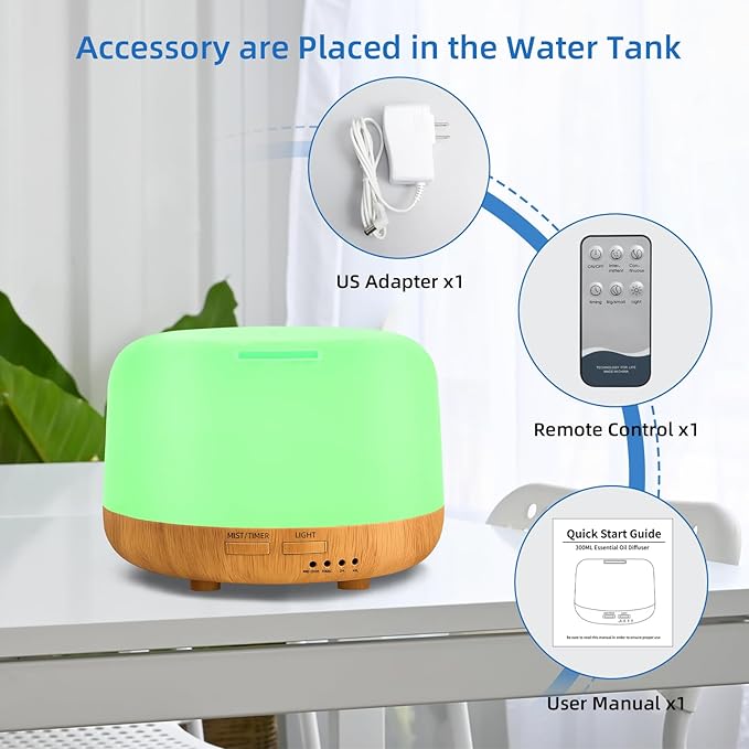 Aromatherapy Essential Oil Home Diffuser with Remote Control, 300ML Large Room Cool Mist Air Humidifier, 8 Hours Quiet Operation, Timer, 7 Colors LED Night Night，Suitable Home,Yoga. - Image 5