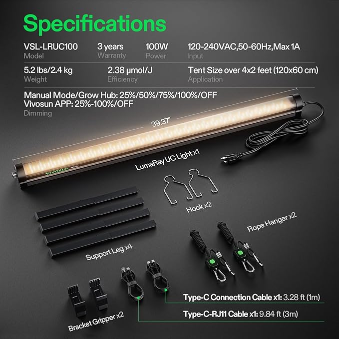 VIVOSUN LumaRay Under Canopy Grow Light, Full Spectrum Dimmable LED Grow Lights for Grow Tents, Greenhouses, SGS Compatible, 100W, 3.28 ft, 1 Pack - Image 2