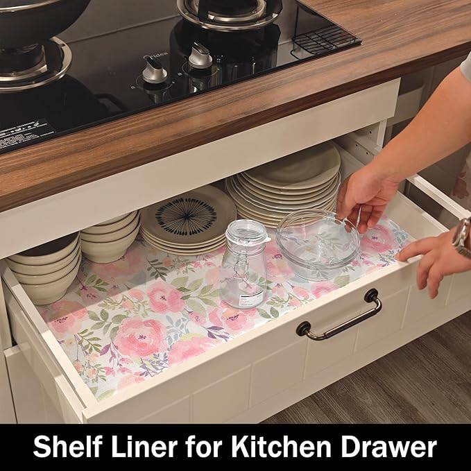 Peach Peony Shelf and Drawer Liner for Kitchen,Non-Adhesive and Strong Non-Slip Floral Cabinet Drawer Liners for Kitchen Shelf, Waterproof Cupboard Liners,Easy to Clean,12IN x 10FT - Image 6