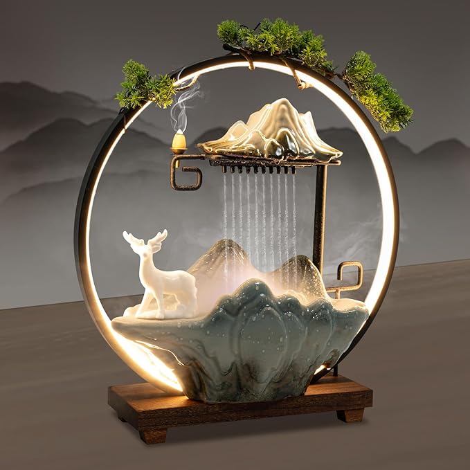 17In Water Fountains Indoor Tabletop Water Fall Humidifier W/LED Light & Atomizer Mist, Zen Decor Meditation Japanese Decor Fake Plants Feng Shui Decor Festival Birthday Gift Good Luck Wealth - Image 4