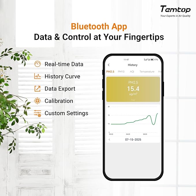 Temtop P1 Air Quality Monitor, PM2.5/PM10/Temperature/Humidity Sensor with Bluetooth App, AQI Tracking & Portable Design for Home, Office, Car, and Travel Use - Image 5