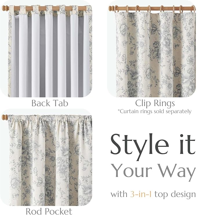 jinchan Blackout Linen Blend Curtain Gray Floral Blackout Curtains for Living Room 90 Inch Length Grey Printed with Lined Blackout Curtain for Bedroom Farmhouse Curtains Set 2 Panels - Image 5