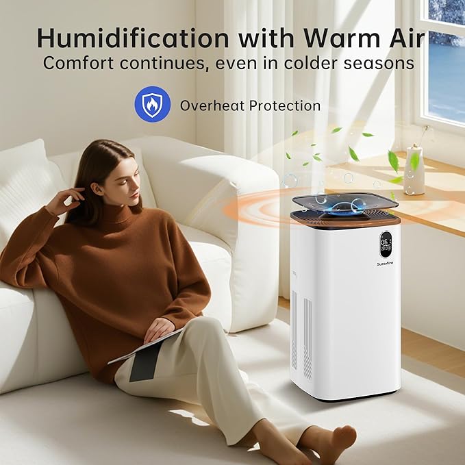 Evaporative Humidifier with Auto Humidity Control, 6L Water Tank with Top-Fill Access, Mist-Free Design, Humidification with Warm Air, Wheels & Filter Reminder for Home Use - Image 4