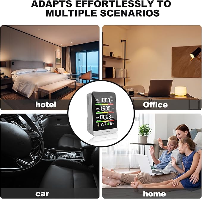8-in-1 Air Quality Monitor | with Real-Time Temp, Humidity & Clock Display | Portable CO2, HCHO, TVOC, AQI Detector for Home, Office, Car - Image 4