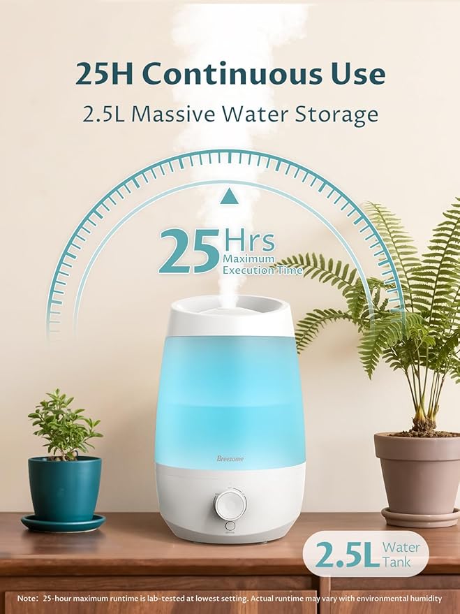 BREEZOME Humidifiers for Bedroom, 2.5L Humidifiers for home, 250ml/h Mist Output, 25hrs Essential Oil Diffuser, Auto Shut-Off, 25dB Ultra-Quiet Operation for Nurseries and Indoor Plants, White - Image 2