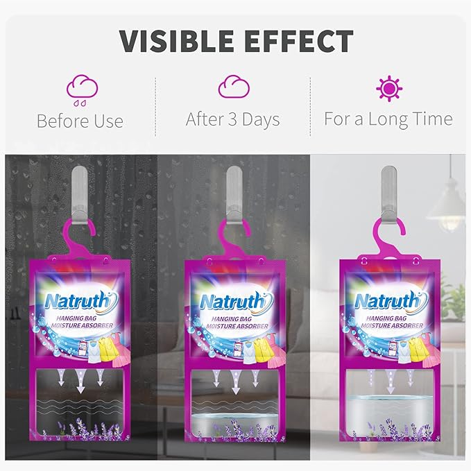 NATRUTH 12-PACK Moisture Absorber Bags With Lavender,Desiccant Hanging Bag Use for Kitchen Bathroom Wardrobe, Eliminates Odors，Odor Absorber Humidity Packs, Hanging Closet Dehumidifier Bags for Closet - Image 4