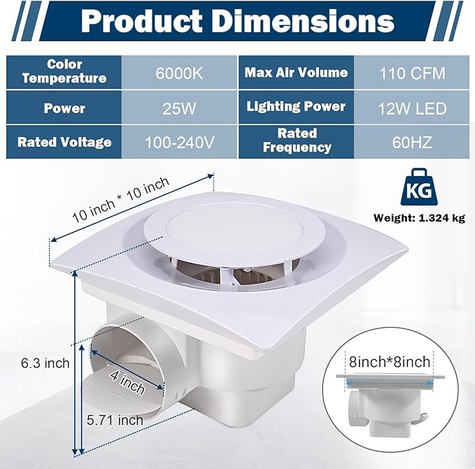 FEITON Bathroom Fan with Light Exhaust Fan Ceiling Mount Vent Fan Light Combo, 30W, 110V, 110 CFM 1.0 Sones, Square Quiet Ventilation Fan with LED Light - Image 4
