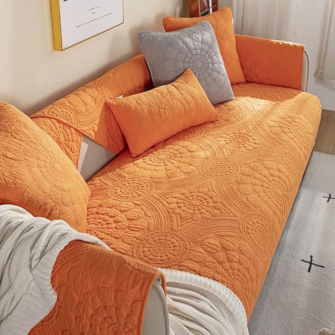 vctops Boho Circle Embroidery Couch Sofa Cover Solid Color Cotton Quilted Non-Slip Sectional Couch Covers Sofa Slipcover for Dogs, Children, Pets Furniture Protector (Orange,36"x47") - Image 4