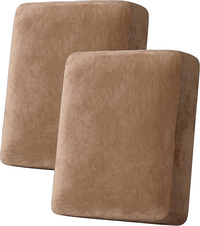 H.VERSAILTEX Velvet Stretch Couch Cushion Cover Plush Cushion Slipcover for Chair Loveseat Sofa Cushion Furniture Protector Seat Cushion Sofa Cover (2 Piece Medium Sofa Cushion Covers, Camel) by HVERSAILTEX