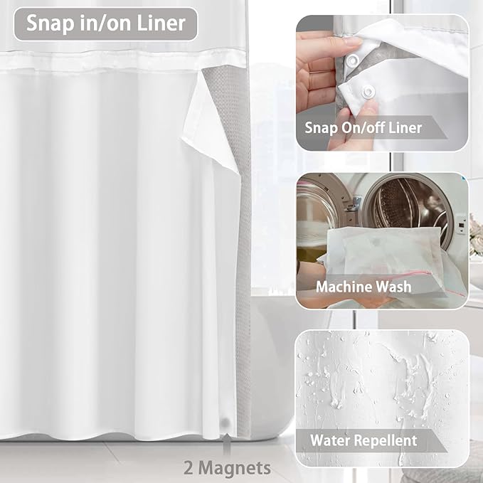 No Hook Shower Curtain and Liner Set,Light Grey Hotel Waffle Shower Curtain with Liner 81" L x 72" W - Image 4