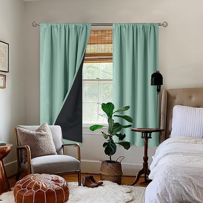 BGment 100% Blackout Curtains for Bedroom with Black Liner, Double Layer Full Room Darkening Noise Reducing and Thermal Insulated Rod Pocket Curtain (52 x 63 Inch, Frosty Green, 2 Panels) - Image 2