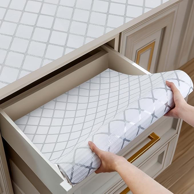 Shelf and Drawer Liner for Kitchen Cabinets Non-Adhesive, Strong Grip Non-Slip Thickened Cabinet Liners for Shelves, Waterproof Mats for Dresser Cupboard, Silver Stripe, 12 in x 30 Feet by Shinlendid