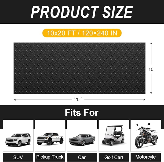 10x20 FT Garage Floor Mat, 2.8mm Thickened Flooring Roll for Under Car Diamond Plate PVC Rubber Mat with 20 Pcs Tapes, Non-Slip Floor Mat for Garage, Warehouse, Gyms, Trailer, Black - Image 2