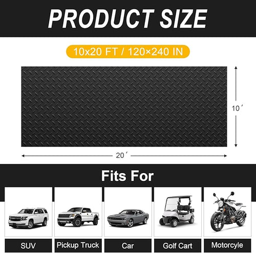 10x20 FT Garage Floor Mat, 2.8mm Thickened Flooring Roll for Under Car Diamond Plate PVC Rubber Mat with 20 Pcs Tapes, Non-Slip Floor Mat for Garage, Warehouse, Gyms, Trailer, Black - Image 2