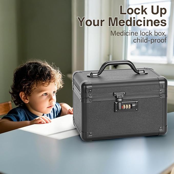 Medicine Lock Box, Lockable Storage Box for Drugs, Childproof Medication Storage with Combination Lock for/Dorms/Outdoor/Home Personal Pill Organizers (Small 10.2x6.8x6.9 Inch) Black - Image 6