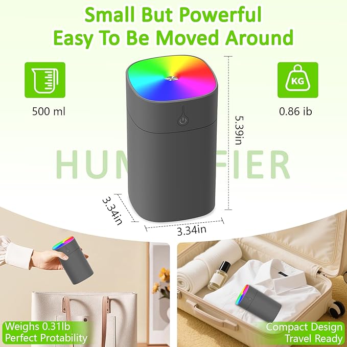 Portable Mini Humidifiers for Bedroom, 400ml Aroma Diffuser for Home Personal Desktop Plant Humidifier Indoor Fragrance Aroma Diffuser with 2 Modes, Night Light and Auto-Off Small Diffuser for Car - Image 6