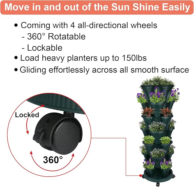 GameXcel Vertical Planter 7 Tier Stackable Planters Garden Planters Strawberry Herb Flower and Vegetable Planter Indoor Outdoor Gardening Pots with Removable Wheels and Tools - Image 6