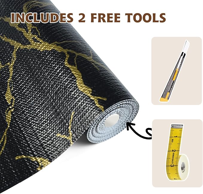 2-Layer Drawer and Shelf Liner for Kitchen Cabinet: 12in X 20Ft Non Slip Waterproof Shelf Paper Non Adhesive Refrigerator Liners Black/Gold Marble Easy Liners for Bathroom with Knife Tape Measure - Image 6