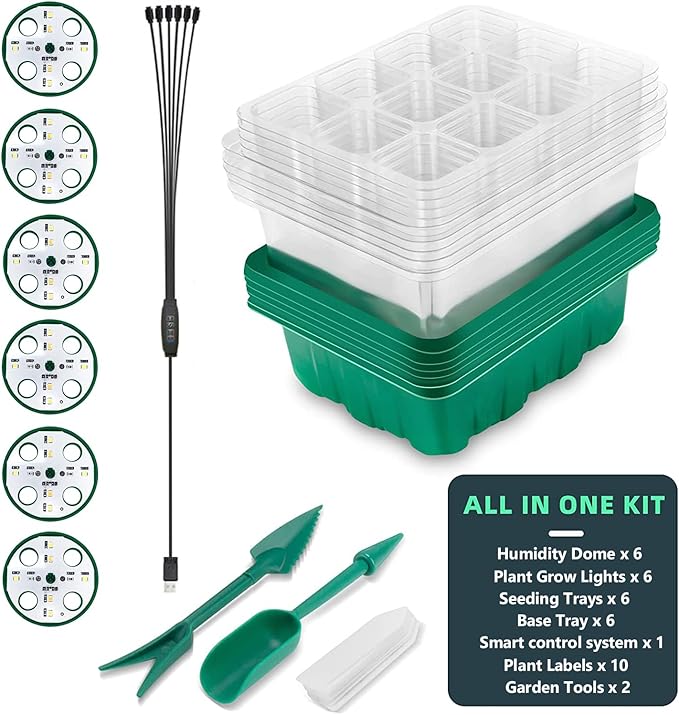Seedling Starter Tray 6 Packs Seed Starter Tray with Grow Light, Smart Controller Seed Starting Trays Kit with Humidity Dome (72 Cells) Indoor Gardening Plant Germination Trays Green - Image 7
