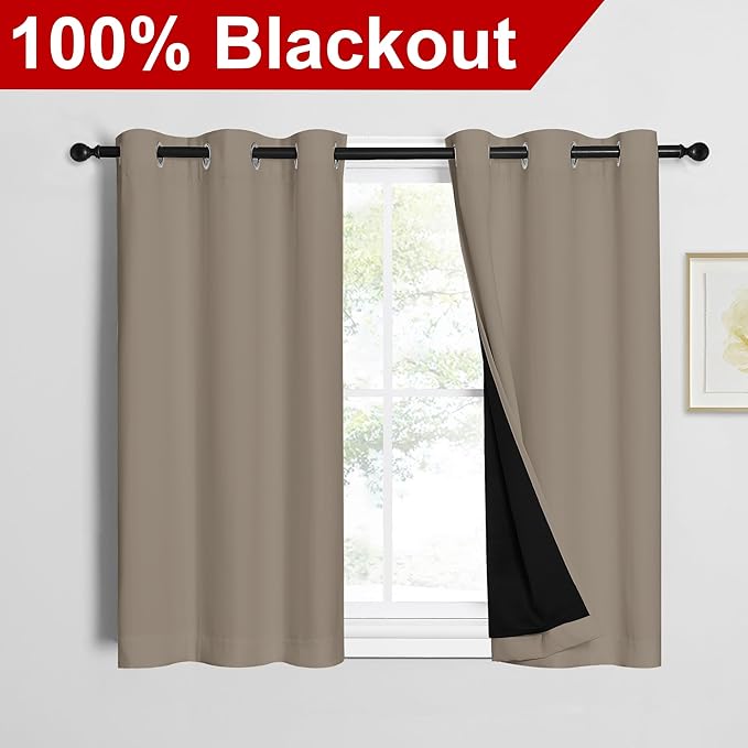 NICETOWN 100% Blackout Short Curtains with Black Liners, 2 Panels, 37" W by 40" L, Taupe, Solid Thermal Insulated Full Blackout 2-Layer Lined Drapes, Energy Efficiency Window Draperies for Bedroom - Image 2