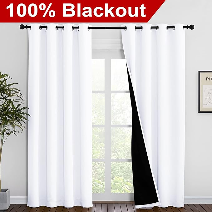 NICETOWN 100% Blackout Window Curtain Panels, Cold and Full Light Blocking Drapes with Black Liner for Nursery, 86 inches Drop Thermal Insulated Draperies (White, 2 Pieces, 55 inches Wide Each Panel) - Image 2