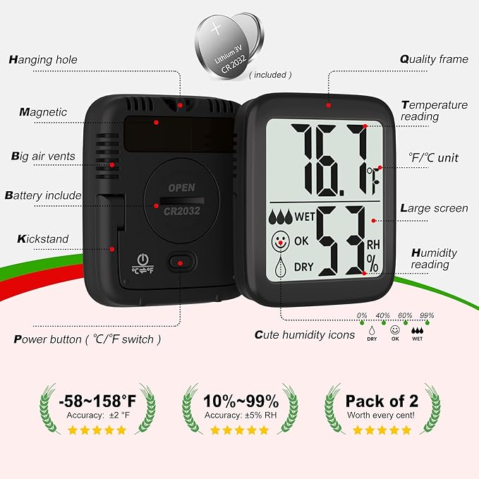 Antonki 2 Pack Room Thermometer for Home, Hygrometer Indoor Humidity Meter Gauge, Digital Temperature and Humidity Sensor Monitor for House, Terrarium, Incubator, Greenhouse - Battery Included - Image 6