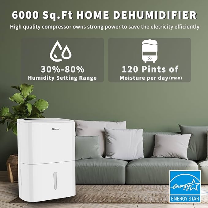 Shinco 6,000 Sq.Ft Energy Star Dehumidifier with WIFI, Ideal for Large Rooms and Home Basements, Efficient Moisture Removal with Adjustable Humidity Control, 1.32 Gallons Water Tank - Image 3