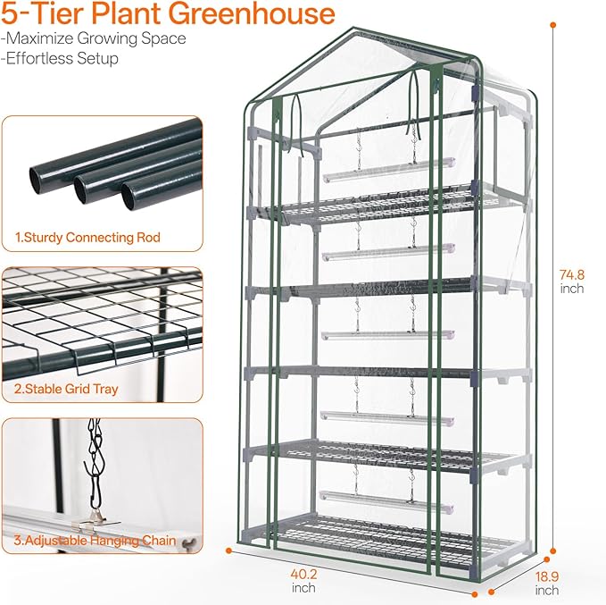 Bstrip Indoor Greenhouse with Grow Light, 5-Tier Large Green House, 5Pcs Grow Lights for Seed Starting with Timer, PVC Tent with Airflow Windows, Indoor Greenhouse Cabinet 40.2x18.9x74.8in - Image 8