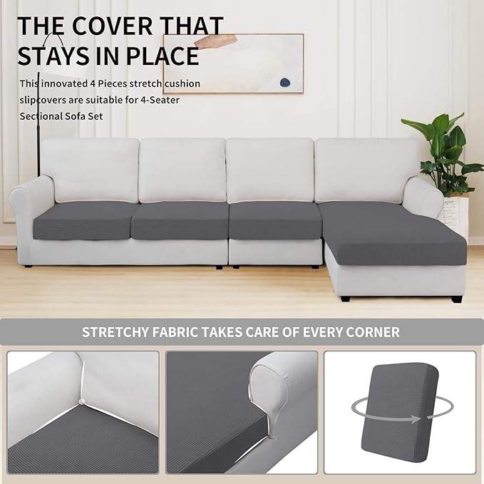 Easy-Going Stretch 4 Pieces Couch Cushion Covers for Sectional Sofa Left/Right L Shape Chaise Lounge Sofa Seat slipcover Anti-Slip Sofa Cover Soft (3 Seater + 1 Chaise, Grey) - Image 5