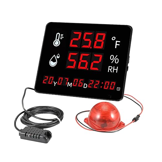 Large Display Thermometer Big Temperature Warning Light – Max Min to Monitor High and Low Temperature Humidity Sensor Alarm Alert, Thermometer Hygrometer Warning with Time & Date by Tokatuker