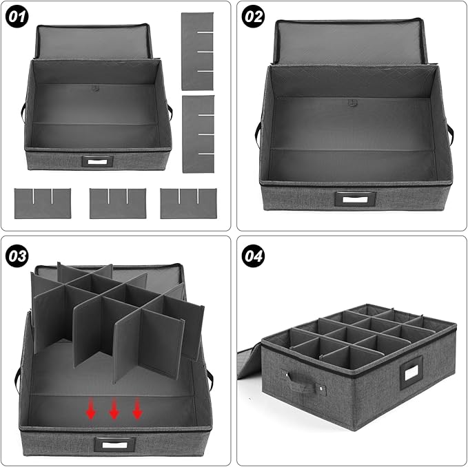 Mug Storage Box with Dividers, China Storage Containers for Tea Cups and Coffee Mugs with Zipper Lid and Rivet Reinforced Handles, Hard Shell and Stackable (Black) - Image 7