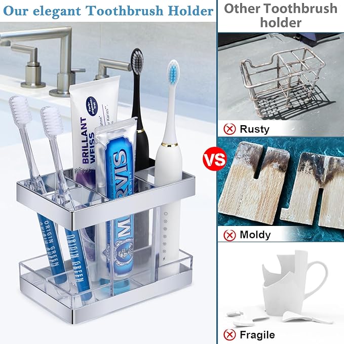 Chintu Toothbrush Holders for Bathrooms - Electric Tooth Brushing Holder Rustic Farmhouse Toothbrush Organizer for Bathroom Counter 5 Slots Toothbrush and Toothpaste Holder for Family Kid Clear/Silver - Image 3