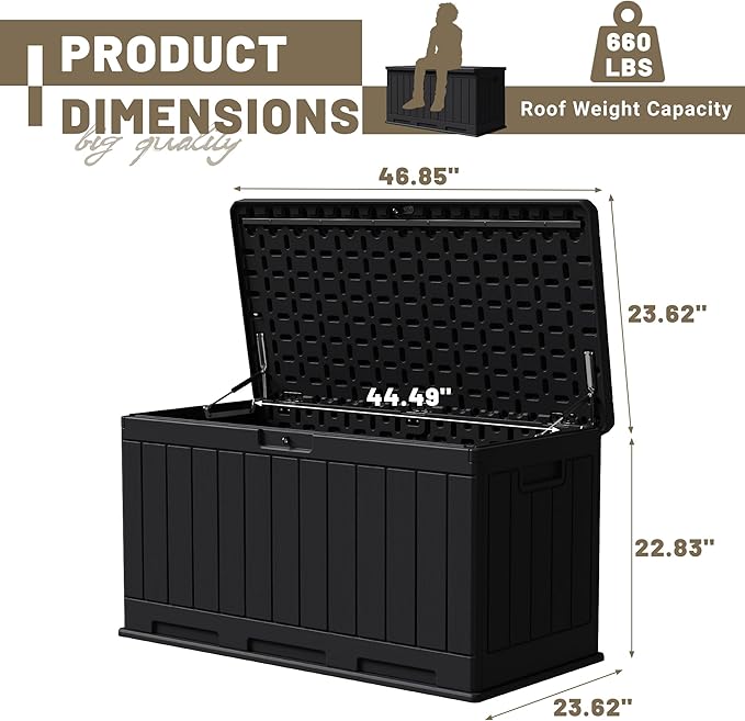 JUMMICO 90 Gallon Waterproof Resin Deck Box, Double Wall Outdoor Storage Box with Lockable Lid for Garden Tools, Patio Cushions, Pools (Black) - Image 3
