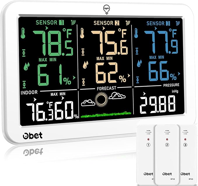 OBET Weather Station Wireless Indoor Outdoor Thermometer with 3 Sensors, Temperature Humidity Monitor with Alerts 500ft Range and 3 Adjustable Brightness White by OBET